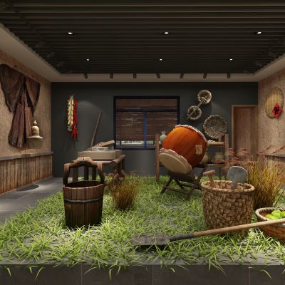 中式农贸社区 博物馆 村史馆 中华大鼓 木桶 苹果 磨盘