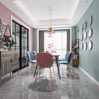 现代北欧客厅餐厅，沙发，电视柜，餐桌椅，吊灯