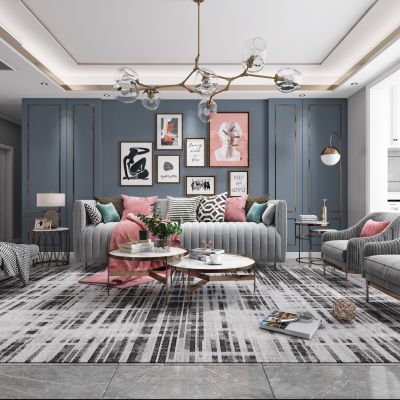 现代北欧客厅餐厅，沙发，餐桌，电视柜，吊灯，装饰画