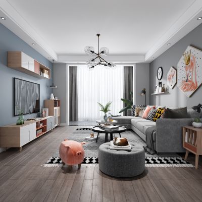 北欧客厅餐厅，沙发，餐桌，电视柜，吊灯，装饰画