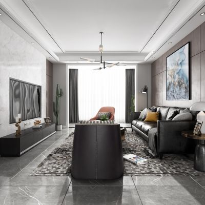 现代客厅餐厅，沙发，餐桌，电视柜，吊灯，装饰画