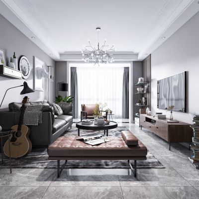 现代客厅，沙发，电视柜，吊灯，装饰画