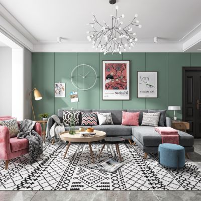 北欧客厅餐厅，沙发，餐桌，电视柜，吊灯，装饰画