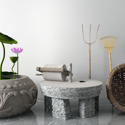 中式景观小品 荷花 石磨 农具