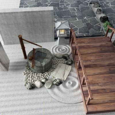 中式景观小品 桥 水井