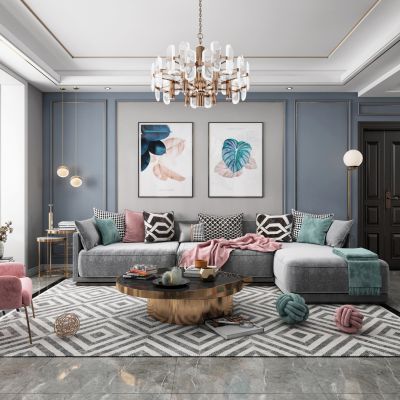 现代轻奢客厅餐厅，沙发，餐桌，电视柜，吊灯，装饰画