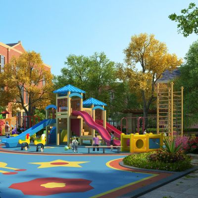 园林景观，幼儿园，娱乐设施，游乐园，儿童区，游乐设施，多人，人物