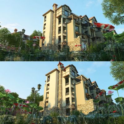 园林景观，水景，水底，别墅园林，建筑动画，鱼群，树木，鱼塘