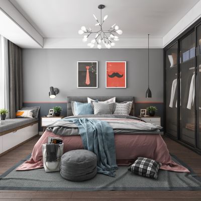 现代北欧卧室，儿童房，女孩房 ，床，装饰画，衣柜，吊灯灯2014