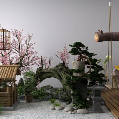 新中式景观小品 梅花 盆栽 吊椅 草 井