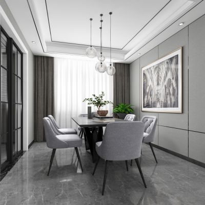 现代客厅餐厅，沙发，餐桌，电视柜，吊灯，装饰画