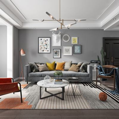 北欧客厅餐厅，沙发，餐桌，电视柜，吊灯，装饰画