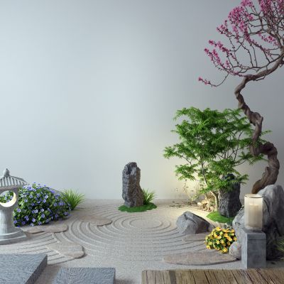 新中式景观小品 梅花 石灯 草