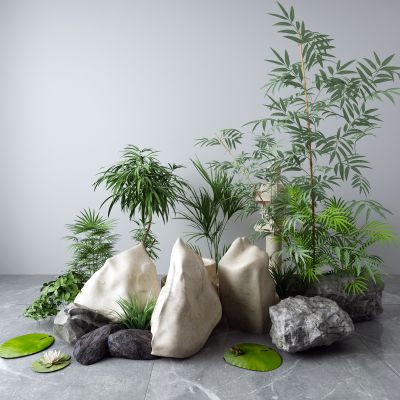 新中式景观小品 荷花 竹子 石灯