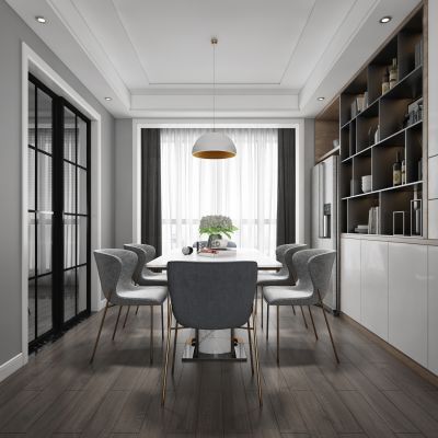 现代轻奢客厅餐厅，沙发，餐桌，电视柜，吊灯，装饰画