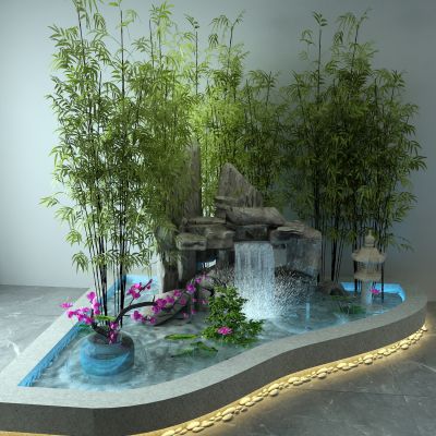 新中式景观小品 水池 喷泉 荷花 竹子