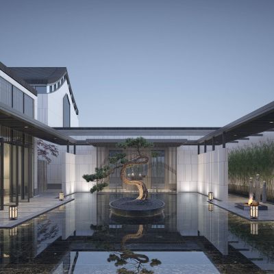 现代售楼处入口会所入口夜景