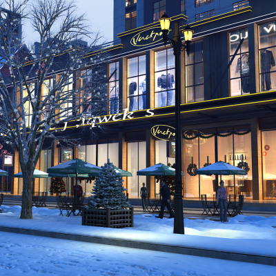 现代雪景商业街