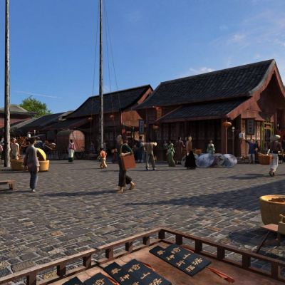 中式古代清朝时期古代街道街角摊贩售卖人物场景