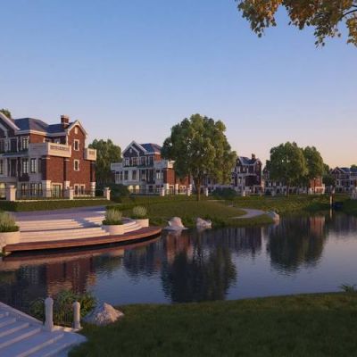 现代地产小区洋房水景湖边休闲场景