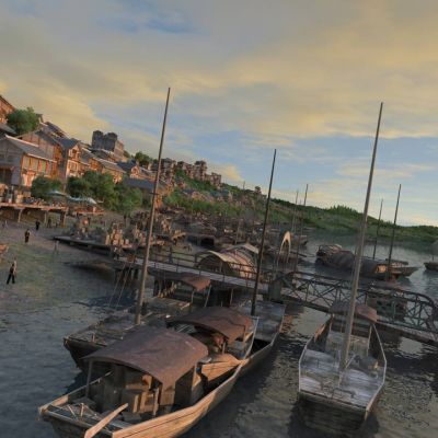 中式古代沿河船码头 货运码头dmax动画场景