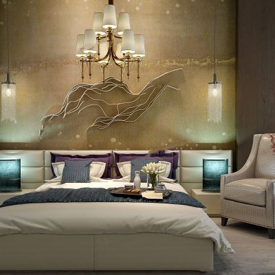 现代奢华双人床灯具沙发组合