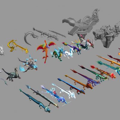 中式中国龙坐骑，怪物，boss，雕塑，场景大集合