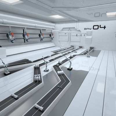 现代科幻室内工厂流水线机器人