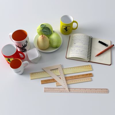 现代书籍 杯子 梨子 尺子