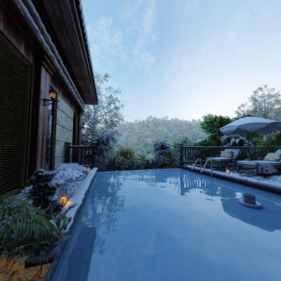 现代雪景别墅 木桶