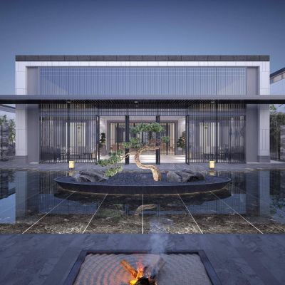 现代售楼处入口会所入口夜景