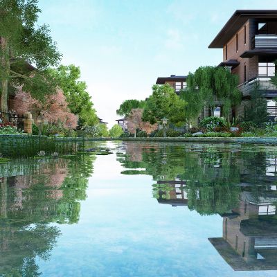 新中式 水上别墅 水上场景 水面飞行 别墅  