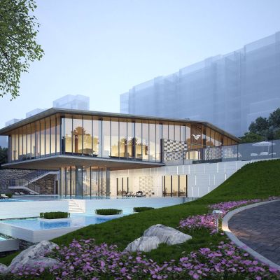 现代私人住宅售楼处入口会所入口夜景