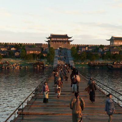 中式古代城池城墙护城河码头渡桥