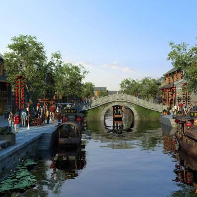 中式古镇水系旅游商业街酒吧文化街写实场景