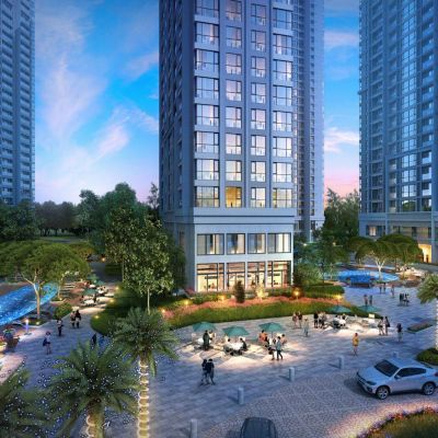 现代国外小区住宅夜景