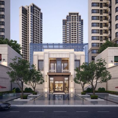 现代地产小区入口夜景