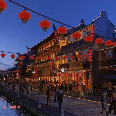 中式古街古代建筑街区夜景