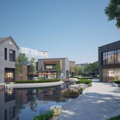 现代商业街水系超写实白天场景