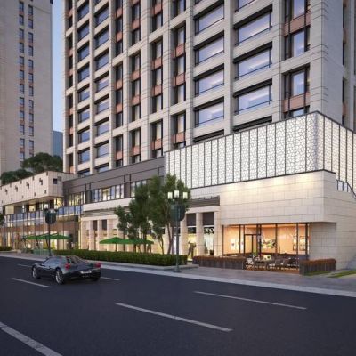 现代地产夜景小区沿街商业