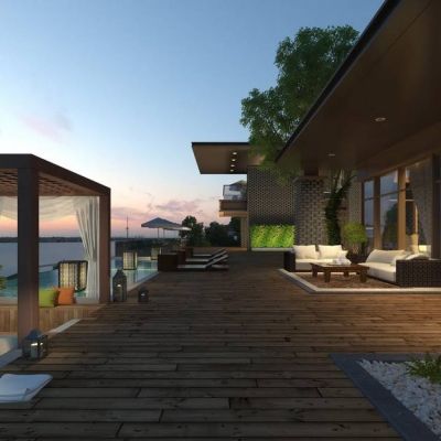 现代酒店室外泳池休息区