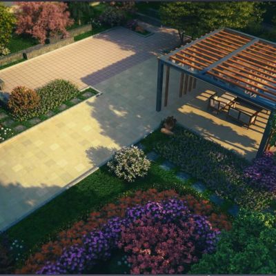 现代地产小区庭院景观特写