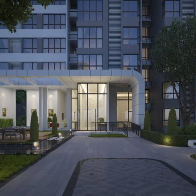 现代地产小区夜景入户大堂