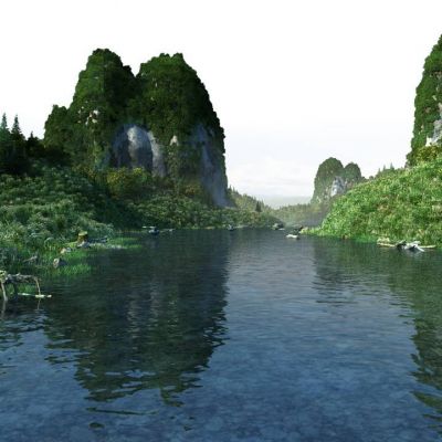 现代超写实自然场景桂林山水山体水系生态河道植物