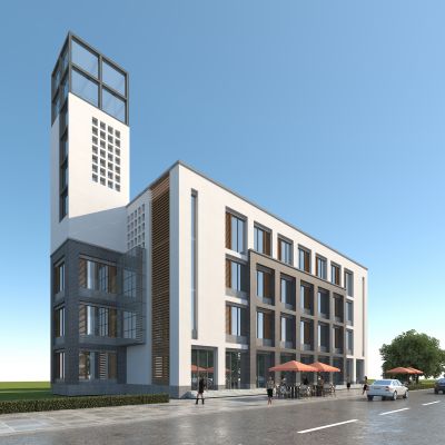 现代办公楼，新中式商业街，青砖白墙