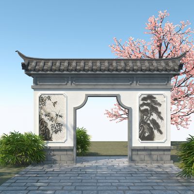 中式景墙，庭院大门3D模型