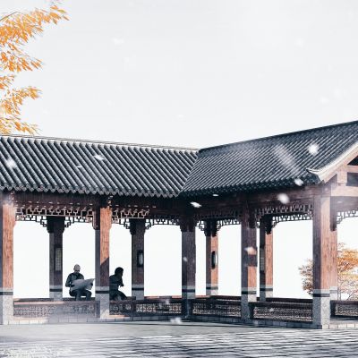 中式长廊，古建休闲亭子