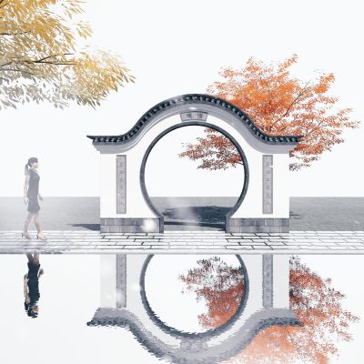 中式月亮门，拱门，青瓦白墙