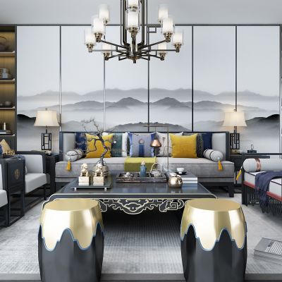 新中式客厅，新中式沙发，沙发组合，