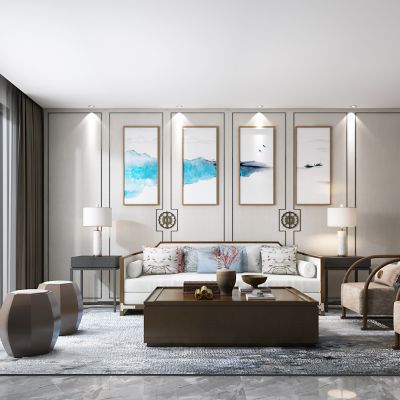 新中式客厅，新中式沙发组合，新中式，